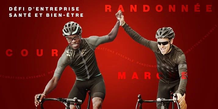 Randonnée du cœur de Cœur + AVC bannière montrant deux cyclistes se tenant la main avec les textes « Défi d'enterprise santé et bien-être » et « Randonée, course, marche » en arrière-plan.
